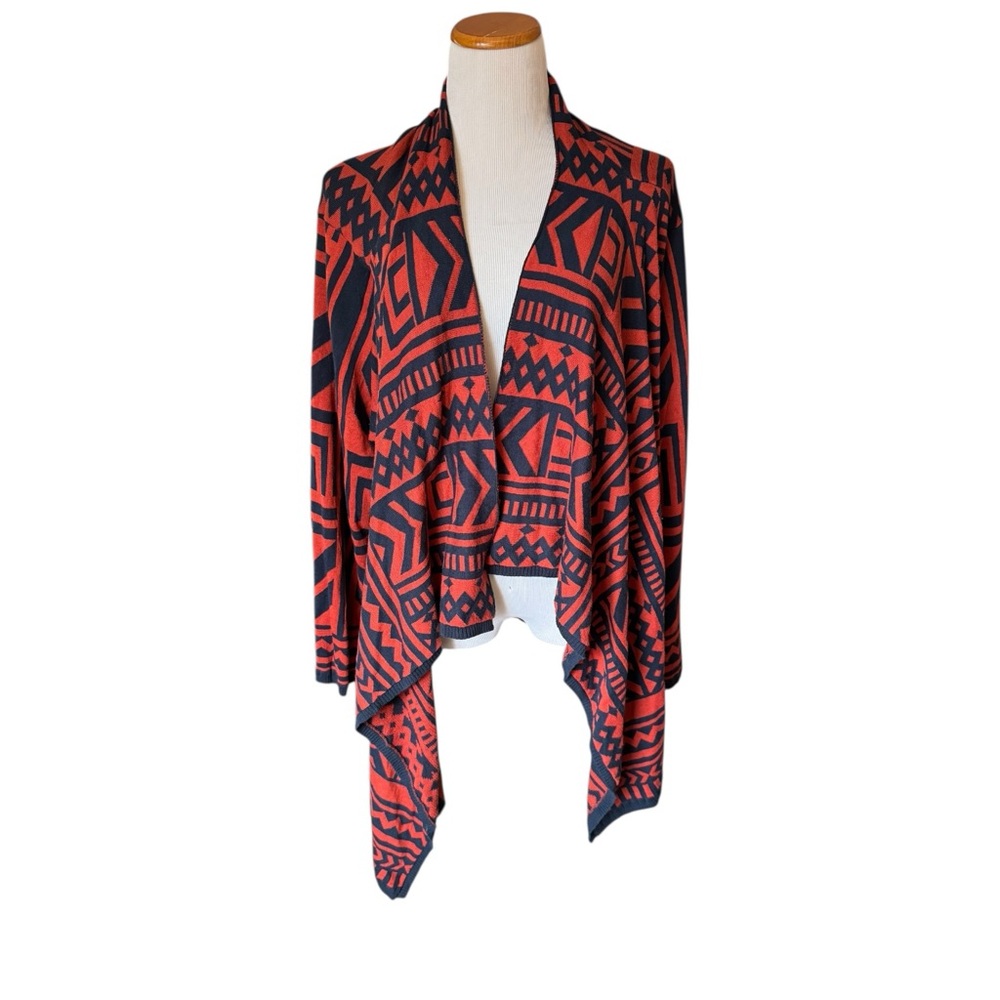 Simply Emma Geometric Patterned Open Front Sweater - Deep Orange and Navy